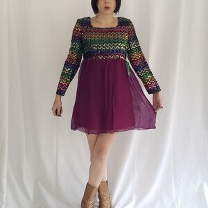 70s Deadstock Sequined Purple and‎ Black Mini Dress